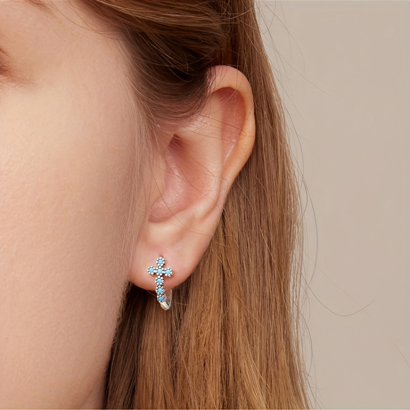 925 Silver Cross Pattern Turquoise Hoop Earrings Bohemian Style